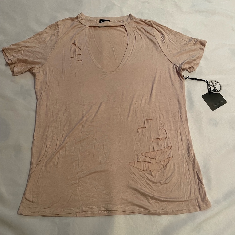 Hippie Chic Jrs. Pink/Champagne Distressed Women's V-Neck Tee, NWT, Size XL - Picture 2 of 11